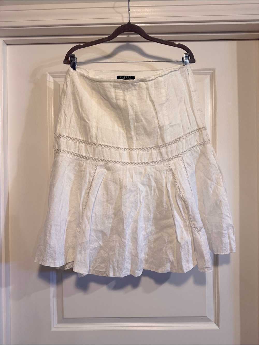 Lauren Ralph Lauren White Linen Lace Hem A Line Skirt 12
